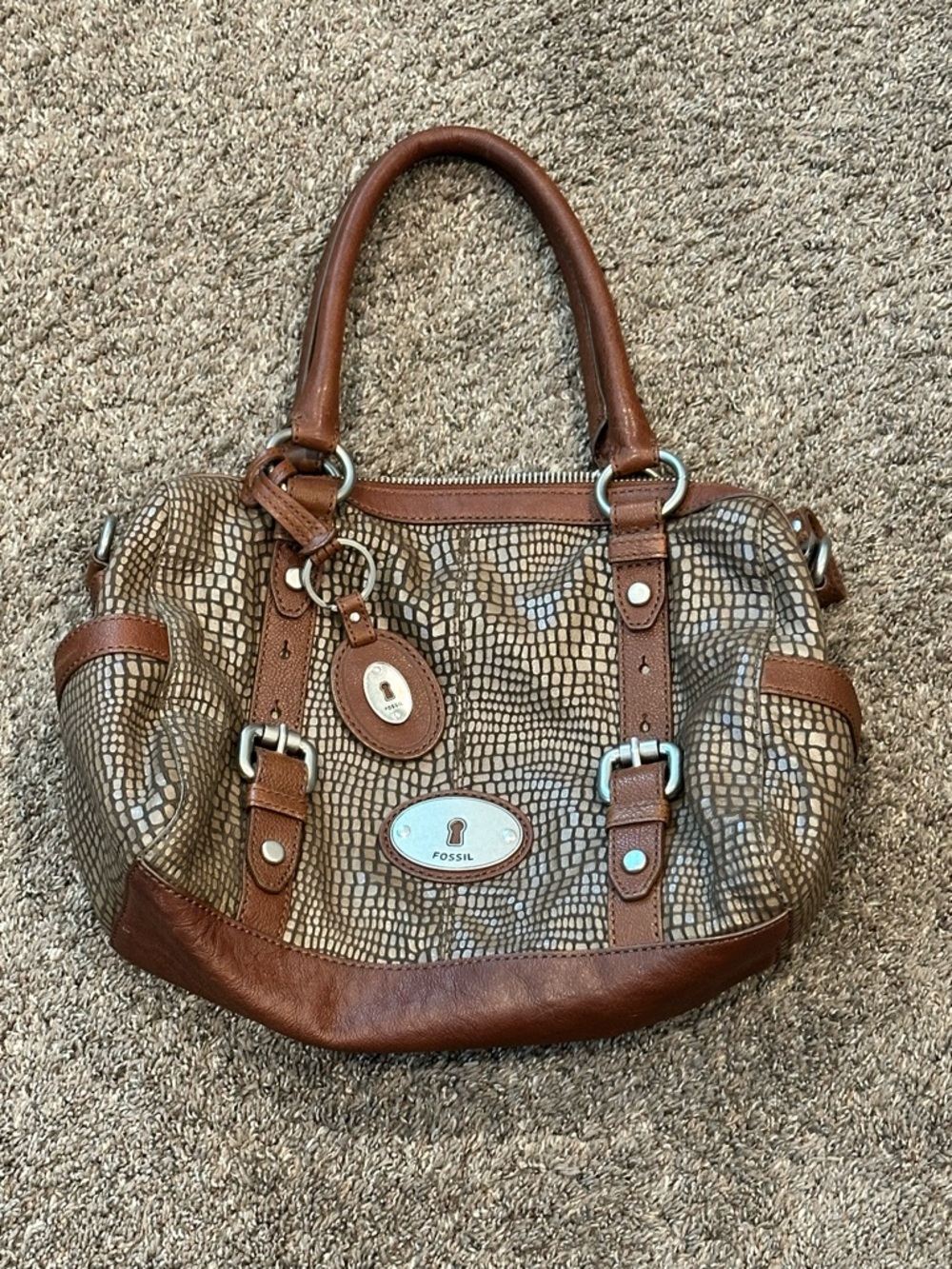 Fossil Maddox Metallic Snake Embossed Leather Satchel Purse Bag